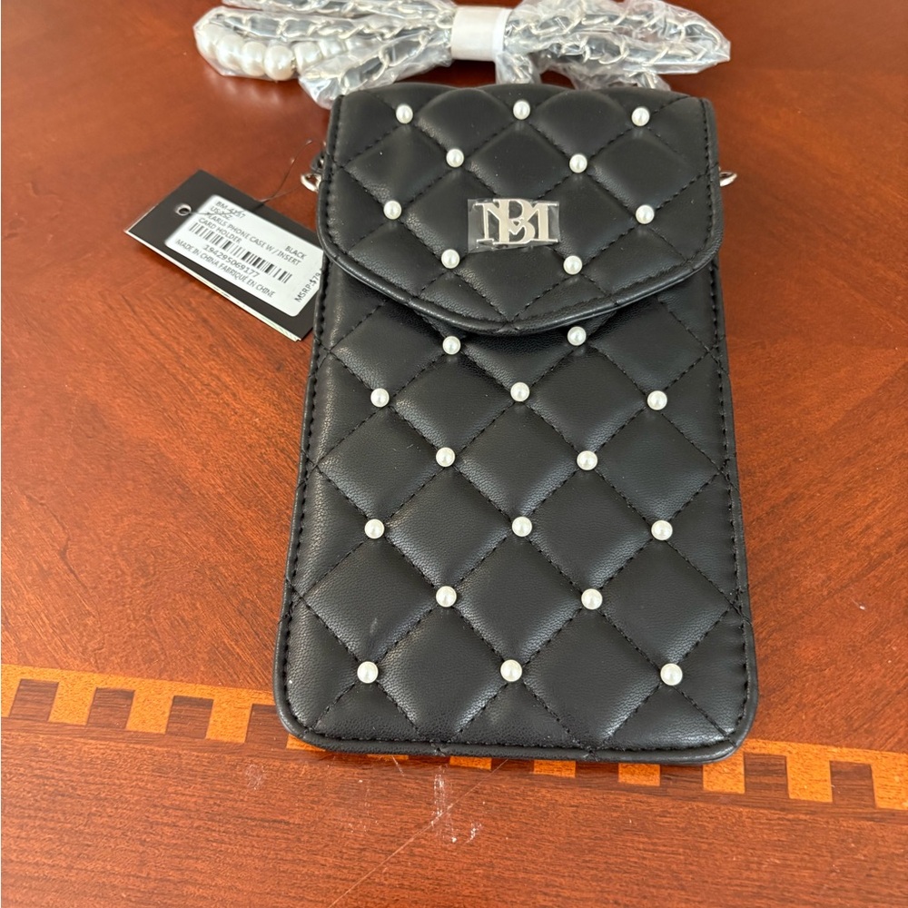 Badgley Mischka Black Quilted Crossbody with Pearl Details